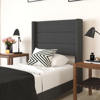 Twin Wood Frame Bed with Tufted Linen Upholstered Headboard