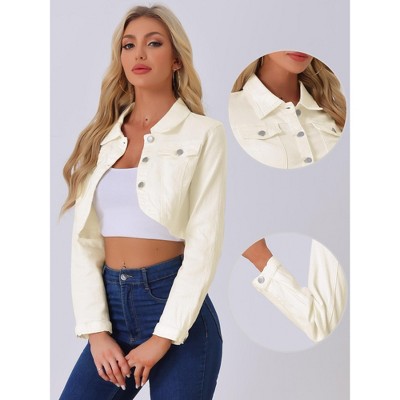 INSPIRE CHIC Women's Collared Button Down Long Sleeve Crop Jean Jacket X-Large Beige — фото 2