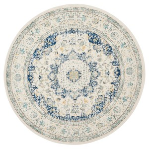 Ivory/Blue Abstract Loomed Round Area Rug - (9