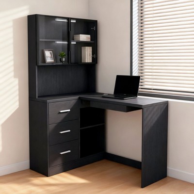 Homy Casa Corner Computer Desk with Hutch, Drawers and Shelves for Home Office or Study, Black
