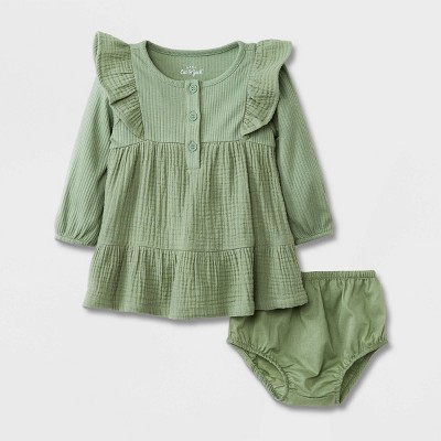 Image of Baby Girls' Gauze Long Sleeve Dress - Cat & Jack™ Sage Green 3-6M