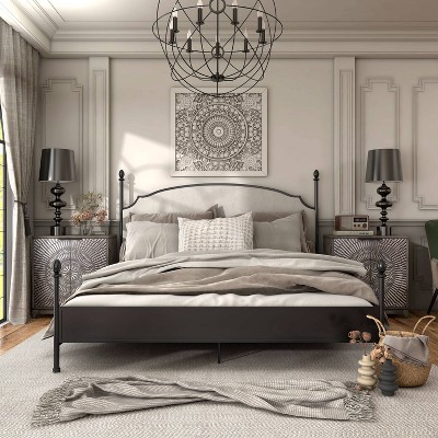 King Gunmetal Metal Four-Poster Bed with Cushioned Headboard