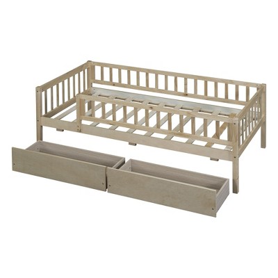 NicBex Twin Size Daybed, Wooden Day Bed with 2 Drawers, Sofa Bed Frame with Fence Guardrails