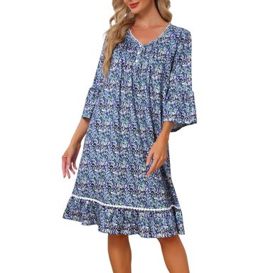 3 4th night dress for ladies INSPIRE CHIC Women's Nightgown Floral Print 3/4 Sleeve V Neck Ruffle Hem Sleep X-Large Blue night gown