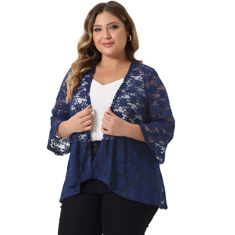 Agnes Orinda Women' s Plus Size Casual Open Front 3/4 Sleeve Sheer Lace Cardigan, 2 of 6