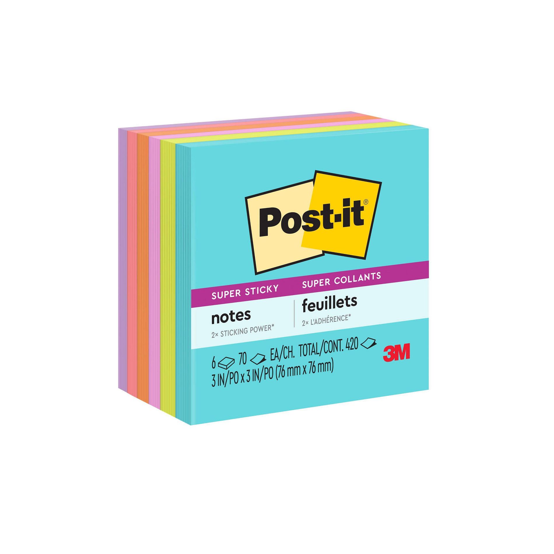 Post-it® Super Sticky Notes, 3 in. x 3 in., Supernova Neons Collection, 6 Pads/Pack, 70 Sheets/Pad: Multicolor, Art & Design