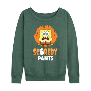 Women's - SpongeBob SquarePants - Scaredy Pants Lightweight French Terry Wide Neck Long Sleeve Shirt - 1 of 4