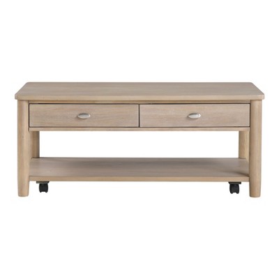 Vynxaria Classic Wooden Cocktail/Centre Table 2 Dovetail Drawers, Open Shelf, Casters, Polished Chrome Knobs, Wire-Brushed Natural Finish