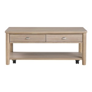 Vynxaria Classic Wooden Cocktail/Centre Table 2 Dovetail Drawers, Open Shelf, Casters, Polished Chrome Knobs, Wire-Brushed Natural Finish - 1 of 4