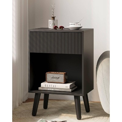 Fluted Nightstand, Modern Bedside Table with Storage Drawers and Open Wood Shelf, Night Stand with Solid Wood Legs