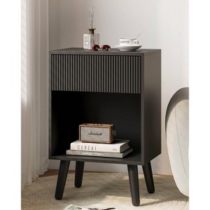 Fluted Nightstand, Modern Bedside Table with Storage Drawers and Open Wood Shelf, Night Stand with Solid Wood Legs - 1 of 4