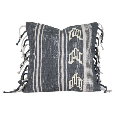 Gray Striped Hand Woven 20x20" Cotton Decorative Throw Pillow with Hand Braided Fringe - Foreside Home & Garden