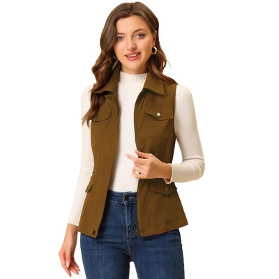 Allegra K Women's Zip-Up Sleeveless Turn Down Collar Cargo Utility Vest with Pockets