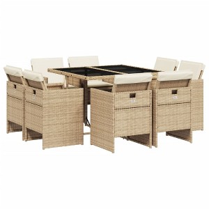 vidaXL Patio Dining Set with Cushions - 9 Piece Beige Poly Rattan, Tempered Glass Tabletop, Compact Storage Chairs, Outdoor Garden/Patio Furniture - 1 of 4