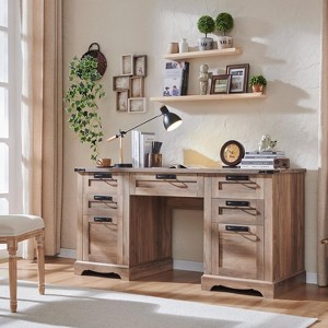 Executive Desk with Drawers, 60" Farmhouse Office Desk with Charging & File Drawer, Wood Home Writing Work Desk - 1 of 4
