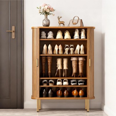 31"/47" Six Tier Shoe Cabinet Sliding Door Adjustable Shelves Mid Century Modern Freestanding Entryway Organizer