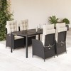 vidaXL 5 Piece Patio Dining Set - Black PE Rattan Outdoor Table and Reclining Chairs with Cushions for Garden/Patio/Backyard, Tempered Glass Top - 2 of 4