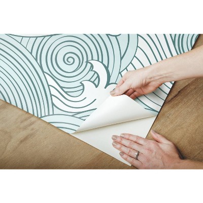 Teal and White Asian Waves Peel and Stick Wallpaper Roll