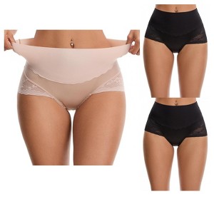 INSPIRE CHIC Women's Hi-Cut Satin High Waisted Lace Trimmed Tummy Control Underpants Briefs 3 Packs - 1 of 4