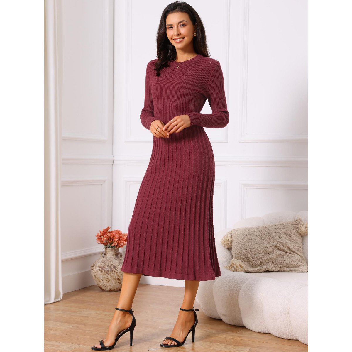 Женские платья INSPIRE CHIC Women's Crewneck Knit Long Sleeve Midi Ribbed A-Line Sweater Dress Pink Medium — фото 3