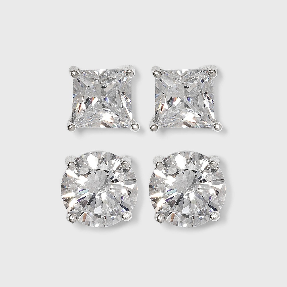 Photos - Earrings Sterling Silver Cubic Zirconia Duo Stud Earring Set 2pc - A New Day™ Clear