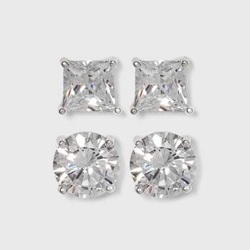 Sterling Silver Cubic Zirconia Duo Stud Earring Set 2pc - A New Day™ Clear