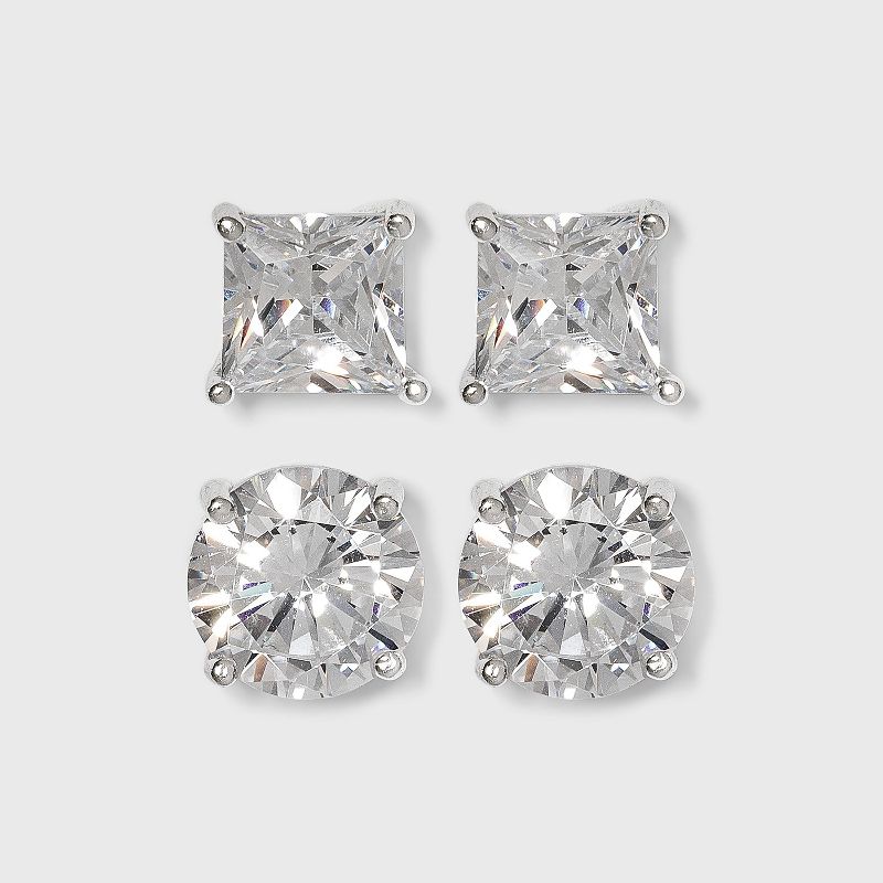 Sterling Silver Cubic Zirconia Duo Stud Earring Set 2pc - A New Day&#8482; Clear, 1 of 3