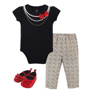 Little Treasure Baby Girls Cotton Bodysuit, Pant and Shoe 3pc Set, Red Bow - 1 of 1