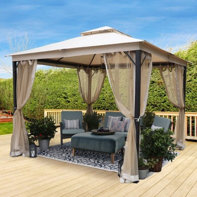 10X10 FT Outdoor Softtop Metal Gazebo,Tent With Double Roof Canopy And Mosquito Net,Galvanized Steel Large Patio Gazebo-Coolbibila