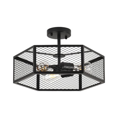 PAKOKULA Industrial 3-Light Black Classic Hexagonal Cage Semi-Flush Mount Ceiling Light