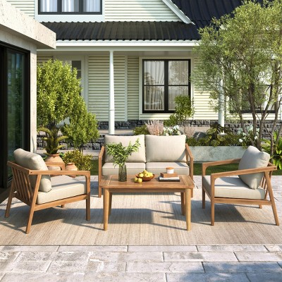 Modern Acacia Wood 4PCS Chat Set , Outdoor Conversation Set with Chairs and Table, Armrest Chat Chairs with Wood Legs and Fabric Cushions-Coolbibila