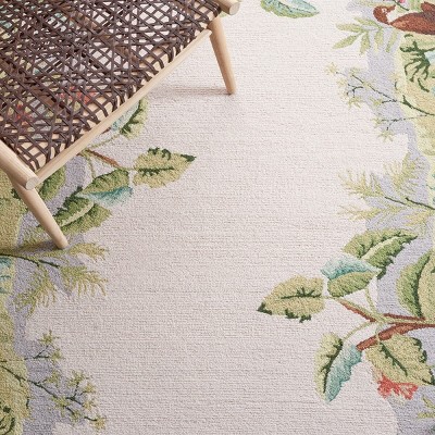Beige and Green Hand-Hooked Wool Floral Runner