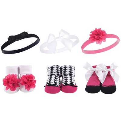 Hudson Baby Infant Girl Headband and Socks Giftset 6pc, Dark Pink Black, One Size