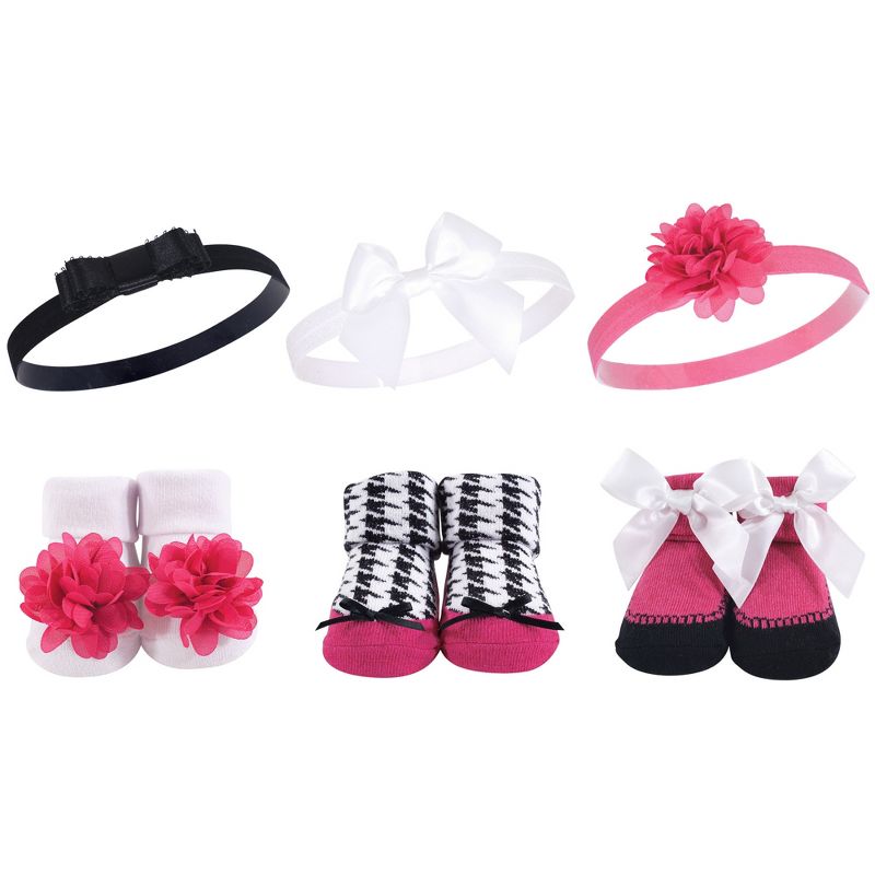 Hudson Baby Infant Girl Headband and Socks Giftset 6pc, Dark Pink Black, One Size, 1 of 9