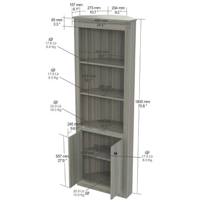 Smoke Oak 76'' Corner Bookshelf with Concealed Storage
