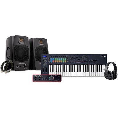 Novation FLkey Keyboard Controller with Focusrite 2i2 USB Audio Interface and Adam Audio D3V 3-inch Studio Monitor Pair Package (Cables & Headphones