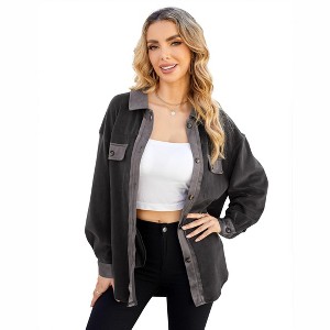 Women's Polar Fleece Shirt Jacket, Button - Down Long - Sleeve Coat with Chest Pockets, Casual Fall & Winter Outerwear - 1 of 4