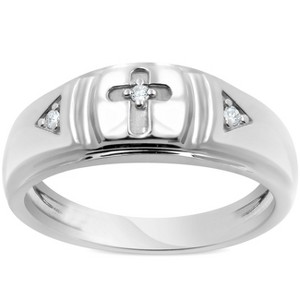 Pompeii3 Mens Diamond Cross Wedding Ring 10k White Gold - 1 of 4