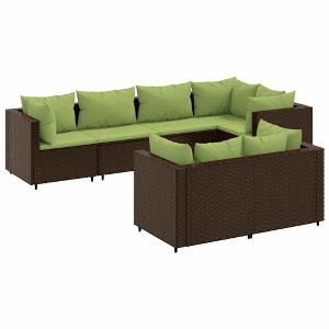 vidaXL Patio Lounge Set with Cushions Sectional Sofa Garden Backyard Poly Rattan - Brown and Green 7 Piece - 1 of 4