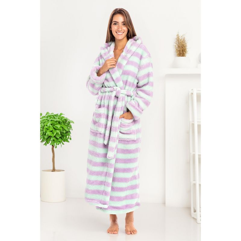 Women's Fuzzy Plush Fleece Bathrobe with Hood, Soft Warm Hooded Lounge Robe, 3 of 9
