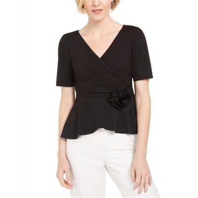 Adrianna Papell Womens Rosette Trim Peplum Blouse, Black, 8P