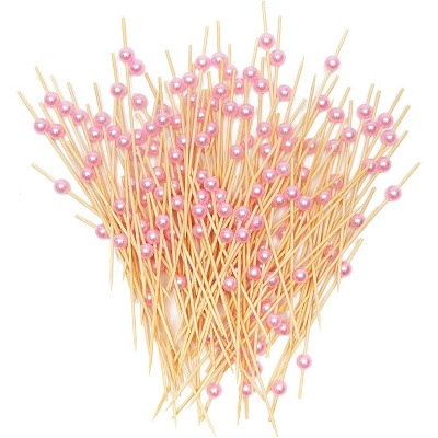 Okuna Outpost 150 Pack Bamboo Toothpicks with Pink Pearls for Appetizer (4.7 Inches, 150 Pack)