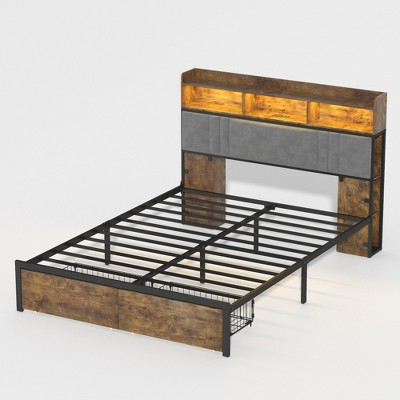 VYNXARIA Queen Size Dark Brown Platform Bed with LED, Power Outlets, Padded Headboard, 2 Storage Drawers & Sturdy Metal Slat Support