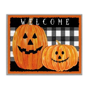 Stupell Industries Festive Halloween Welcome Sign Happy Pumpkins Black Plaid Framed Giclee Art - 1 of 4