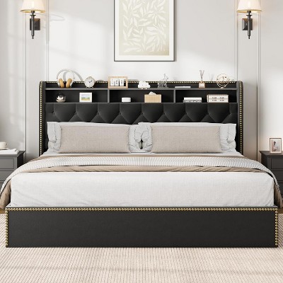 Velvet Bed Frame with 4 Storage Drawers, Upholstered Queen Platform with Tufted Headboard and Nailhead Trim Design