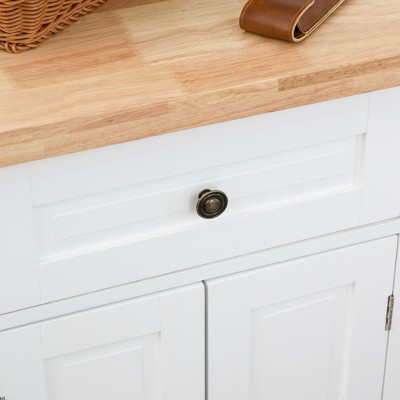 White Wood Kitchen Cart with Butcher Block Top and Storage