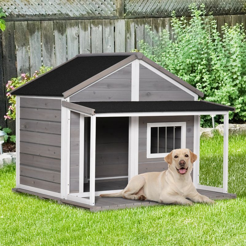 PawHut Outdoor Dog House Cabin Style, Wooden Raised Pet Kennel with Asphalt Roof, Front Door, Side Window, Porch for Medium/Large Dogs, Loading 53 Lbs, 3 of 7