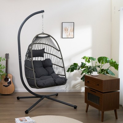 Outdoor Patio Egg Hanging Chair with Stand,Oversized Wicker Swing Chair with Cushions,Indoor Hammock Chair for Backyard Porch-Coolbibila