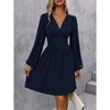 Coolmee Womens Wrap Midi Dress V-Neck Puff Long Sleeve High Waist Elegant Pleated Ruched Work Outfits Dresses S Navy - 4 of 4
