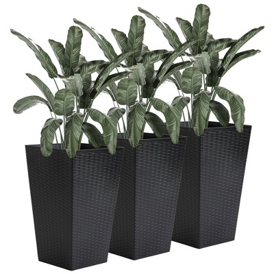 Set of 3 Black Tall Rattan-Style Plastic Planters